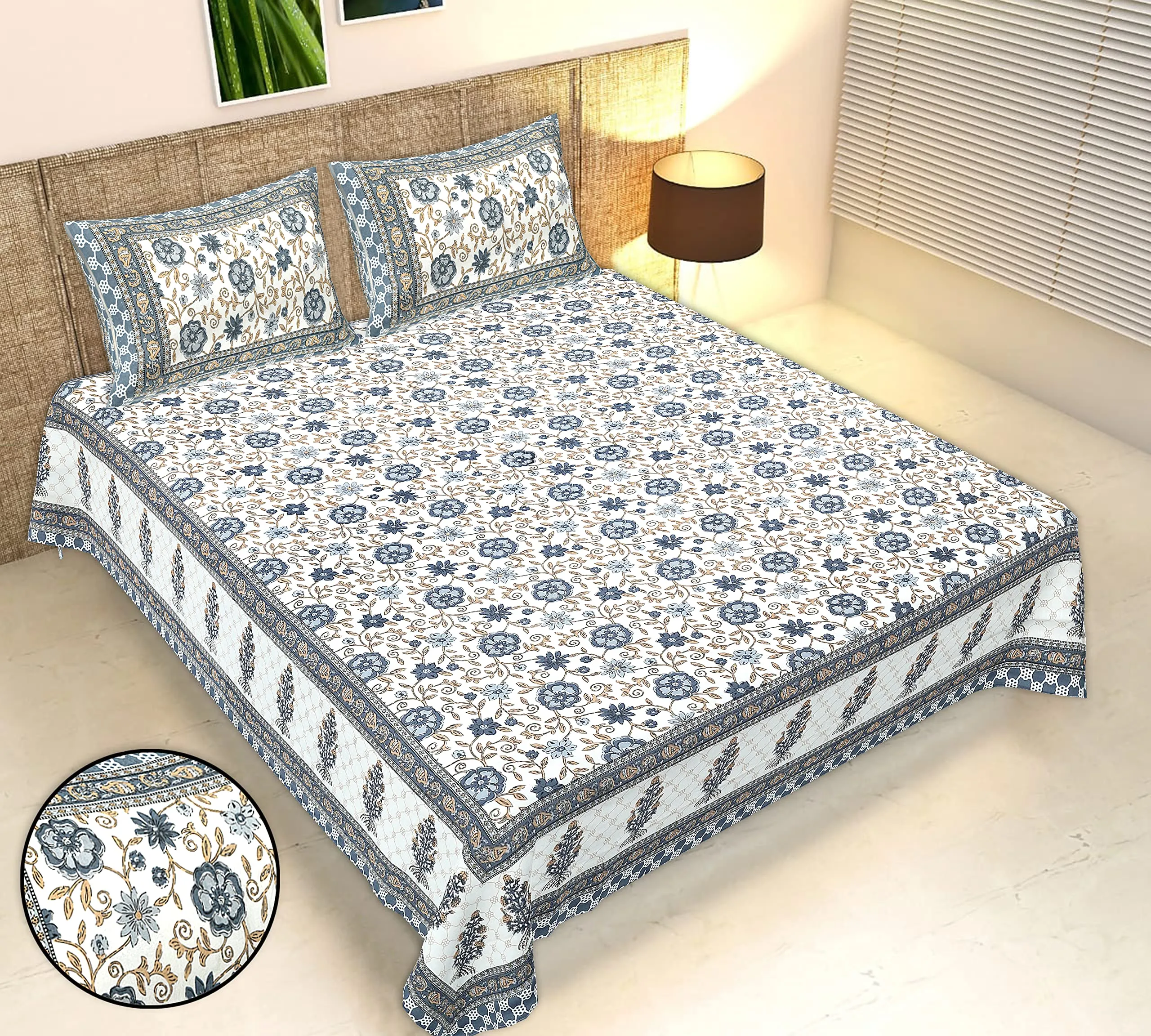 100% Cotton Bedsheet for Double Bed with 2 Matching Pillow Covers | 240 Thread Count 90x108 Inch Flat BedSheet | (Print-5-Bedsheet-Grey)
