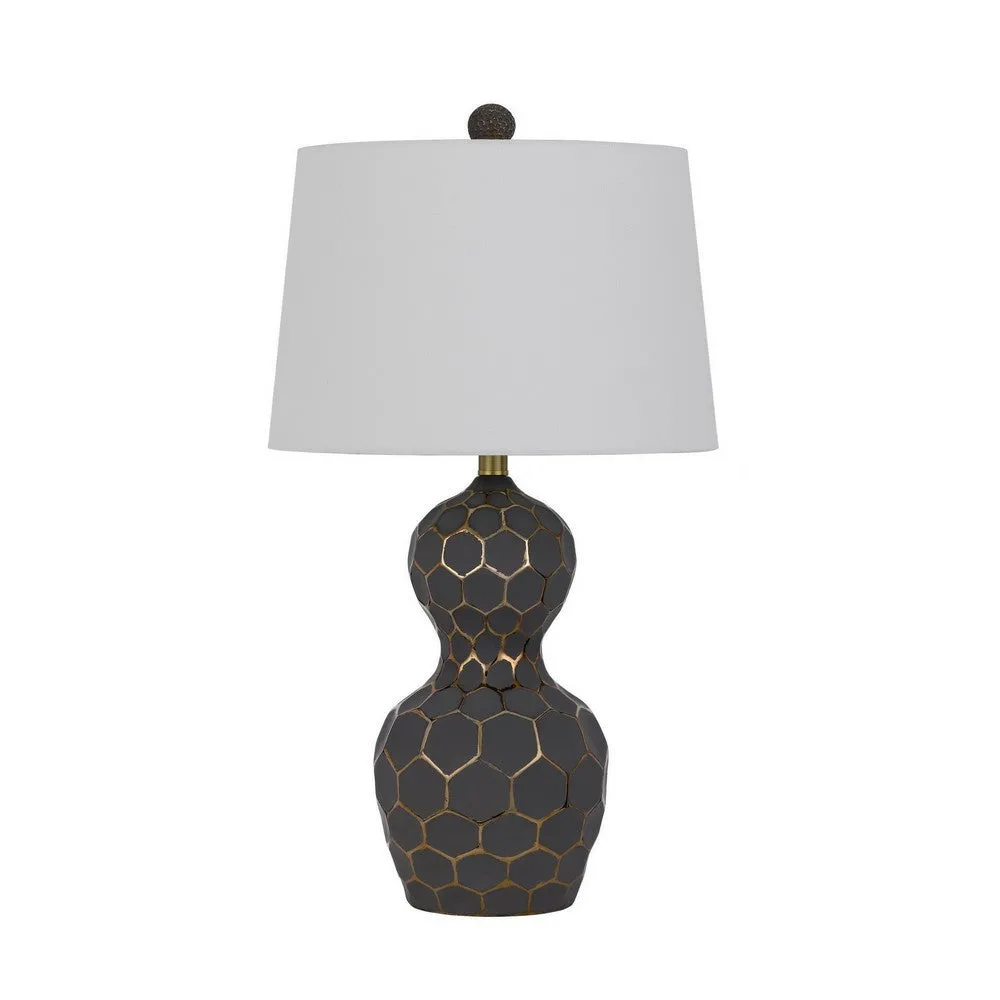 27 Inch Modern Curved Table Lamp, Set of 2, Round Shade, Black, Gold Resin By Casagear Home