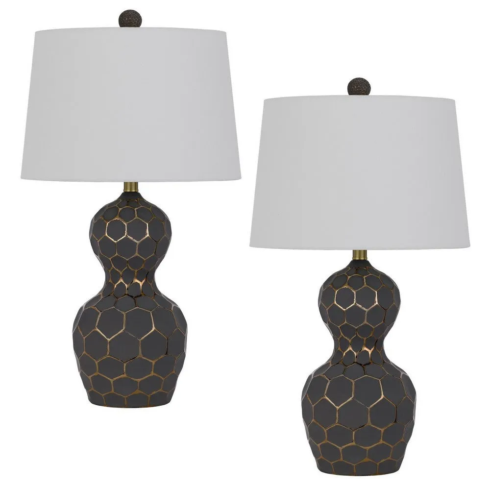 27 Inch Modern Curved Table Lamp, Set of 2, Round Shade, Black, Gold Resin By Casagear Home
