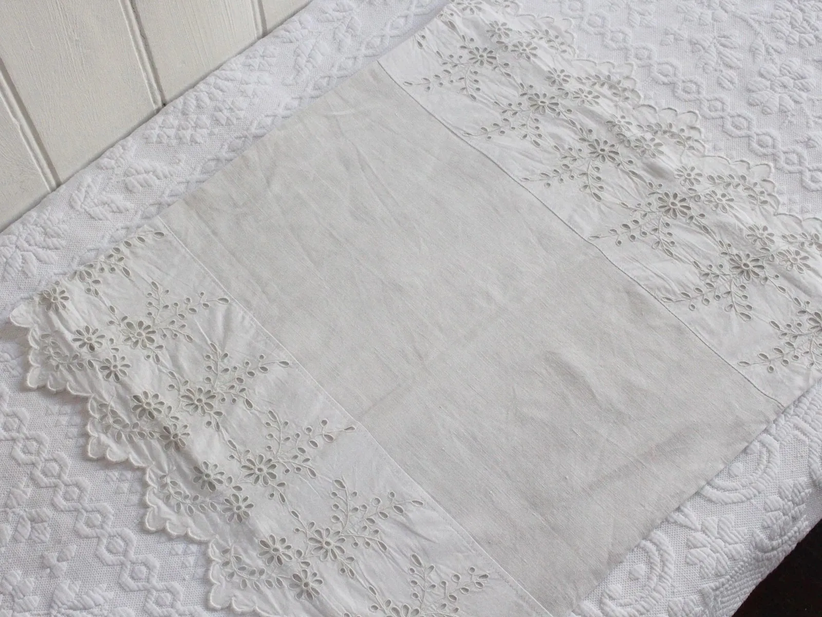 50cm Square Cushion - Antique French Embroidered Edging on Linen P363