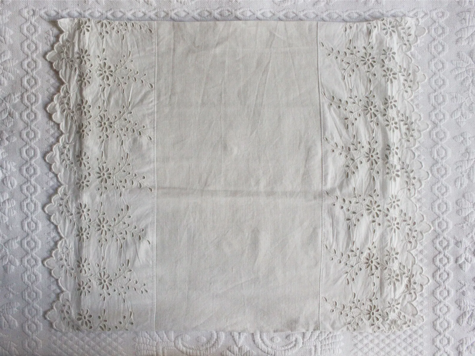 50cm Square Cushion - Antique French Embroidered Edging on Linen P363