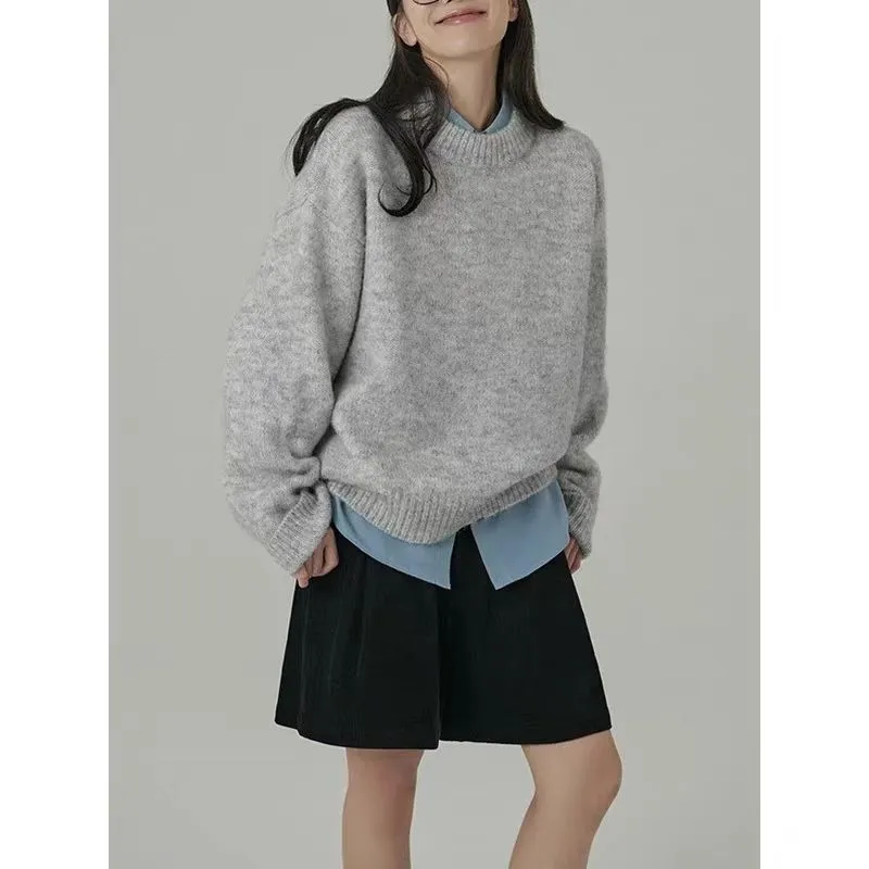 Amozae birkenstock clogs outfit fall Autumn and Winter Lazy Style Knitwear Retro New round Neck Loose Solid Color Outer Wear Bottoming Sweater for Women