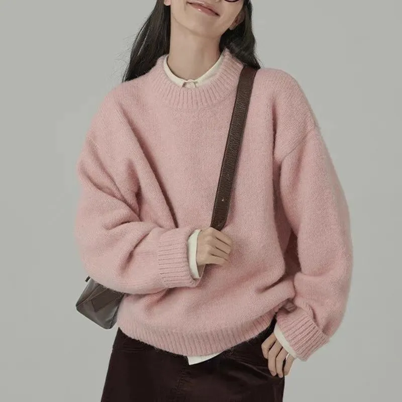 Amozae birkenstock clogs outfit fall Autumn and Winter Lazy Style Knitwear Retro New round Neck Loose Solid Color Outer Wear Bottoming Sweater for Women