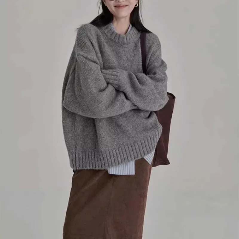 Amozae birkenstock clogs outfit fall Autumn and Winter Lazy Style Knitwear Retro New round Neck Loose Solid Color Outer Wear Bottoming Sweater for Women