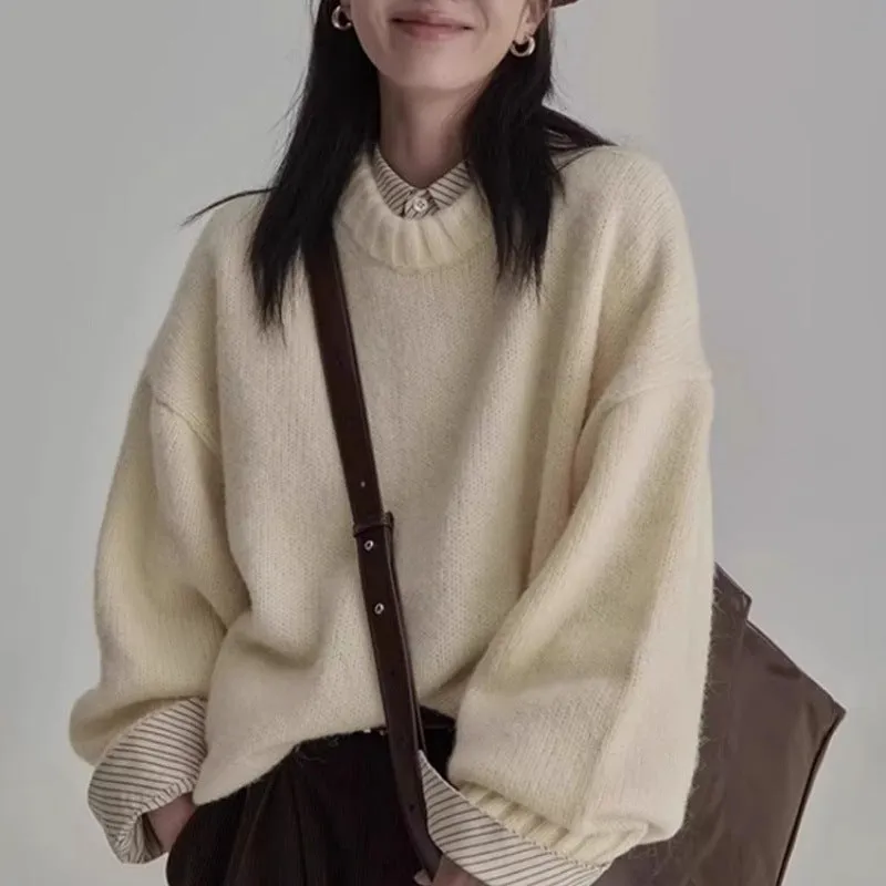 Amozae birkenstock clogs outfit fall Autumn and Winter Lazy Style Knitwear Retro New round Neck Loose Solid Color Outer Wear Bottoming Sweater for Women
