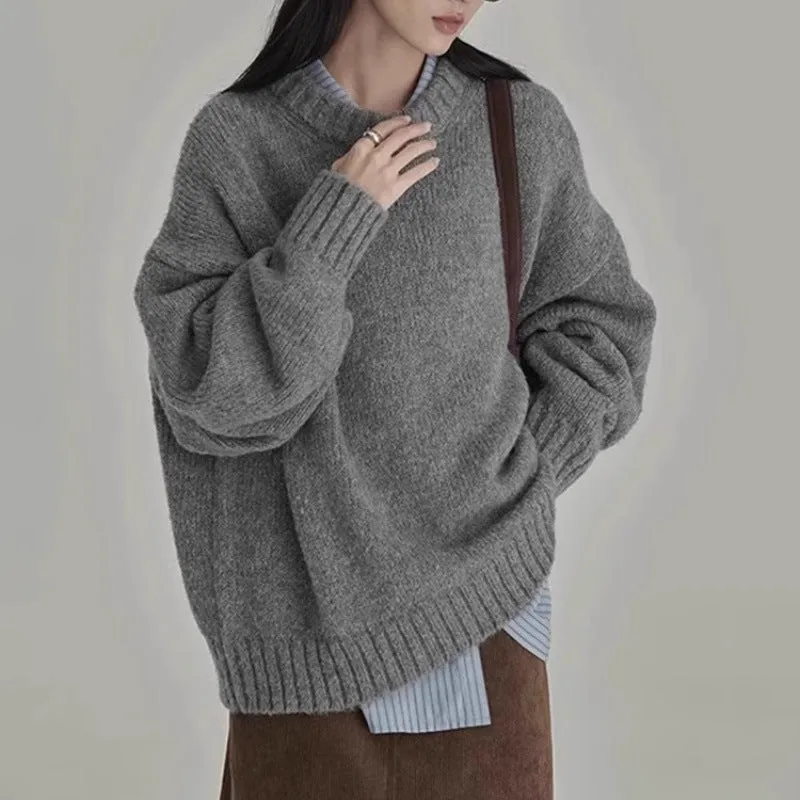 Amozae birkenstock clogs outfit fall Autumn and Winter Lazy Style Knitwear Retro New round Neck Loose Solid Color Outer Wear Bottoming Sweater for Women