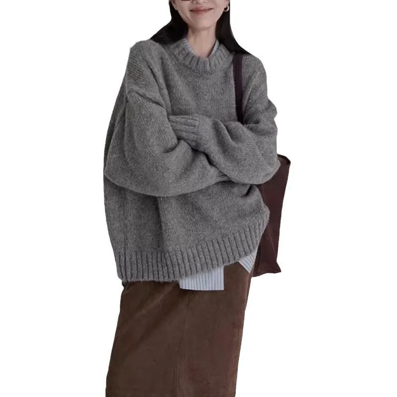 Amozae birkenstock clogs outfit fall Autumn and Winter Lazy Style Knitwear Retro New round Neck Loose Solid Color Outer Wear Bottoming Sweater for Women