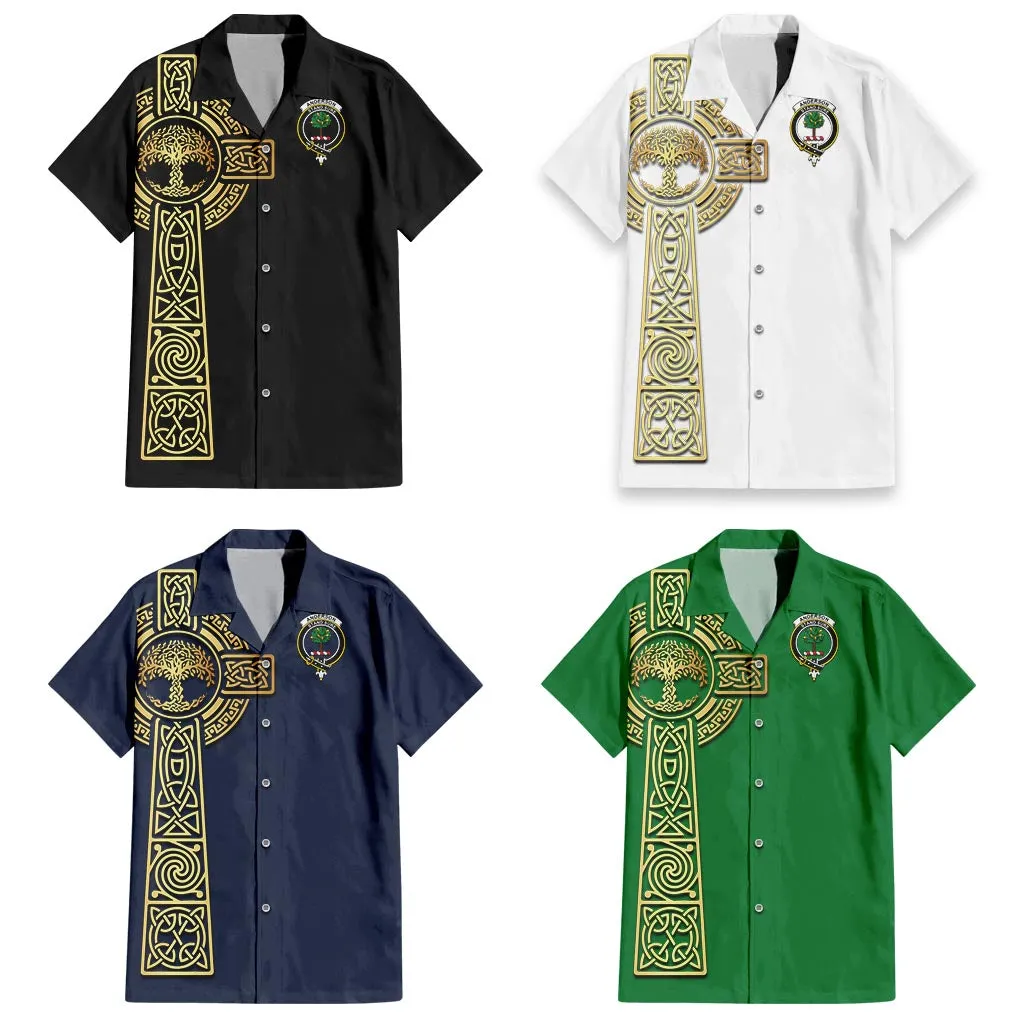 Anderson Clan Mens Short Sleeve Button Up Shirt with Golden Celtic Tree Of Life