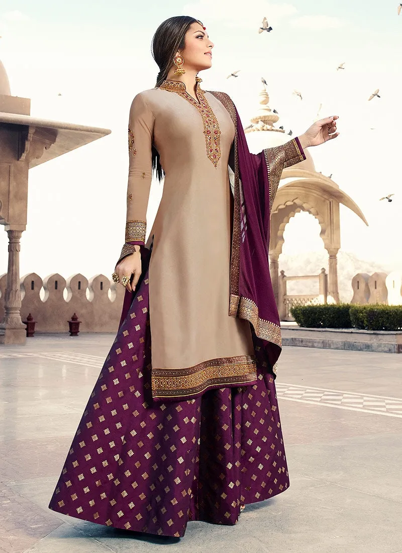 Beige And Purple Embroidered Lehenga Kurti Set