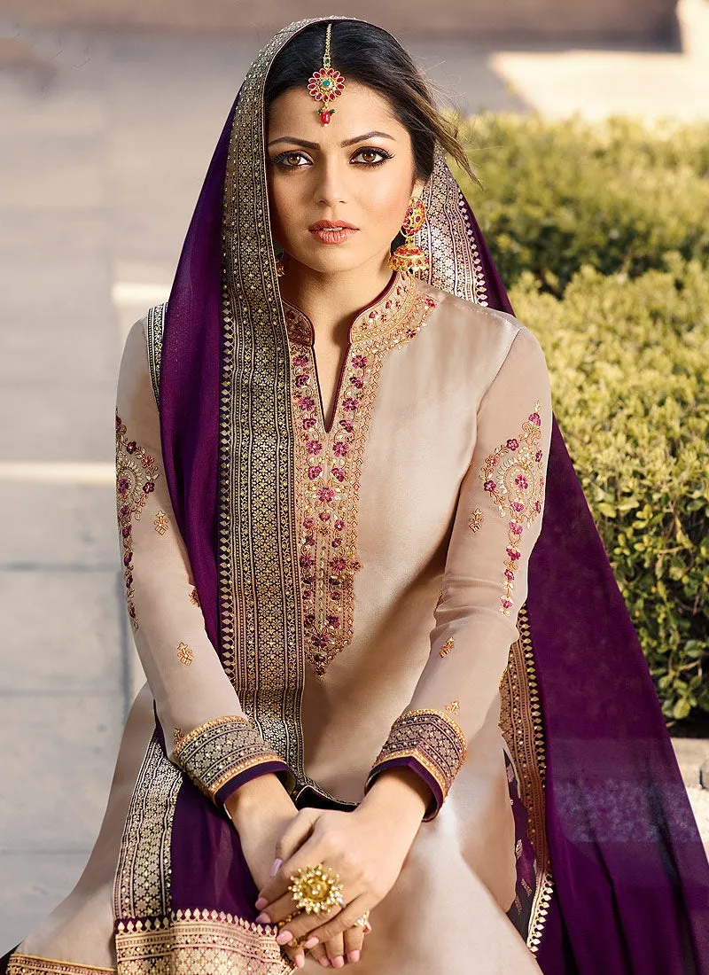 Beige And Purple Embroidered Lehenga Kurti Set