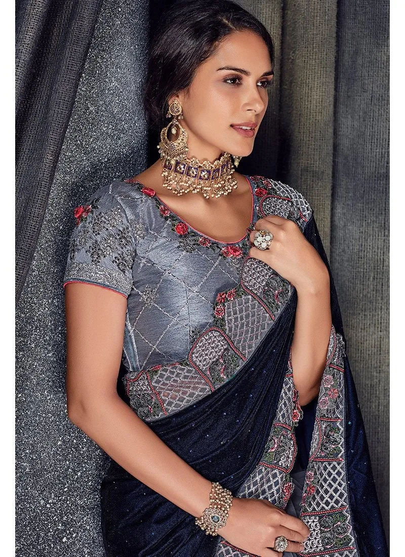 Blackish Blue Floral Embroidered Designer Saree