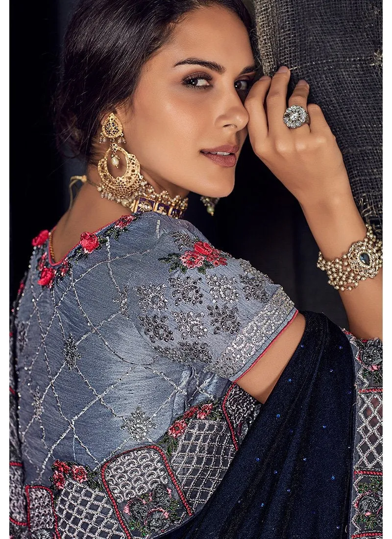 Blackish Blue Floral Embroidered Designer Saree