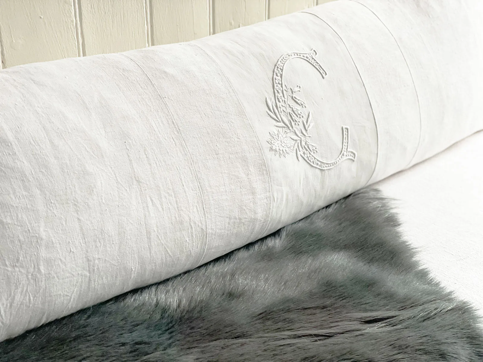 'C' Large Bolster Cushion - Antique French C Monogram on Linen BC129