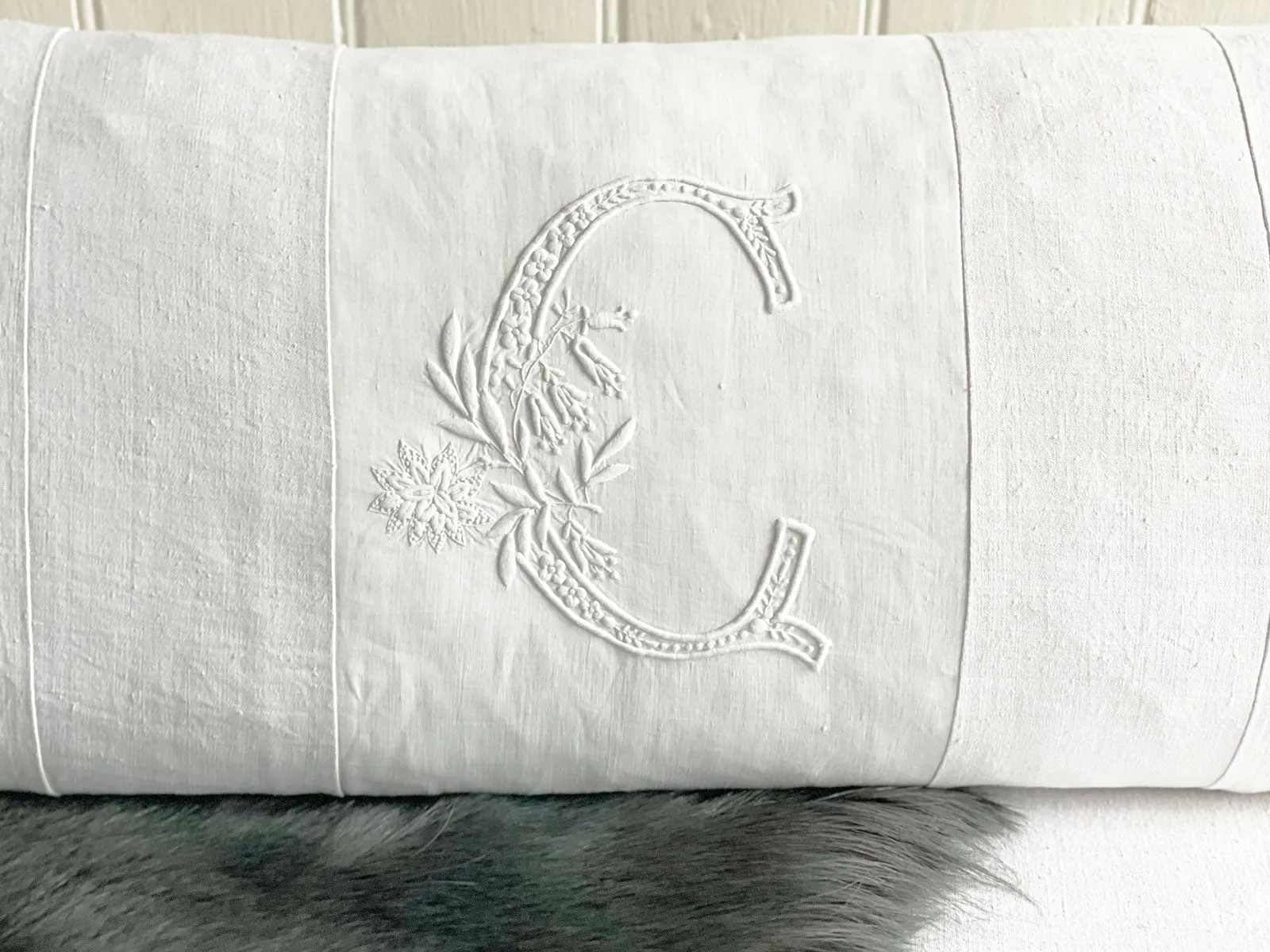 'C' Large Bolster Cushion - Antique French C Monogram on Linen BC129