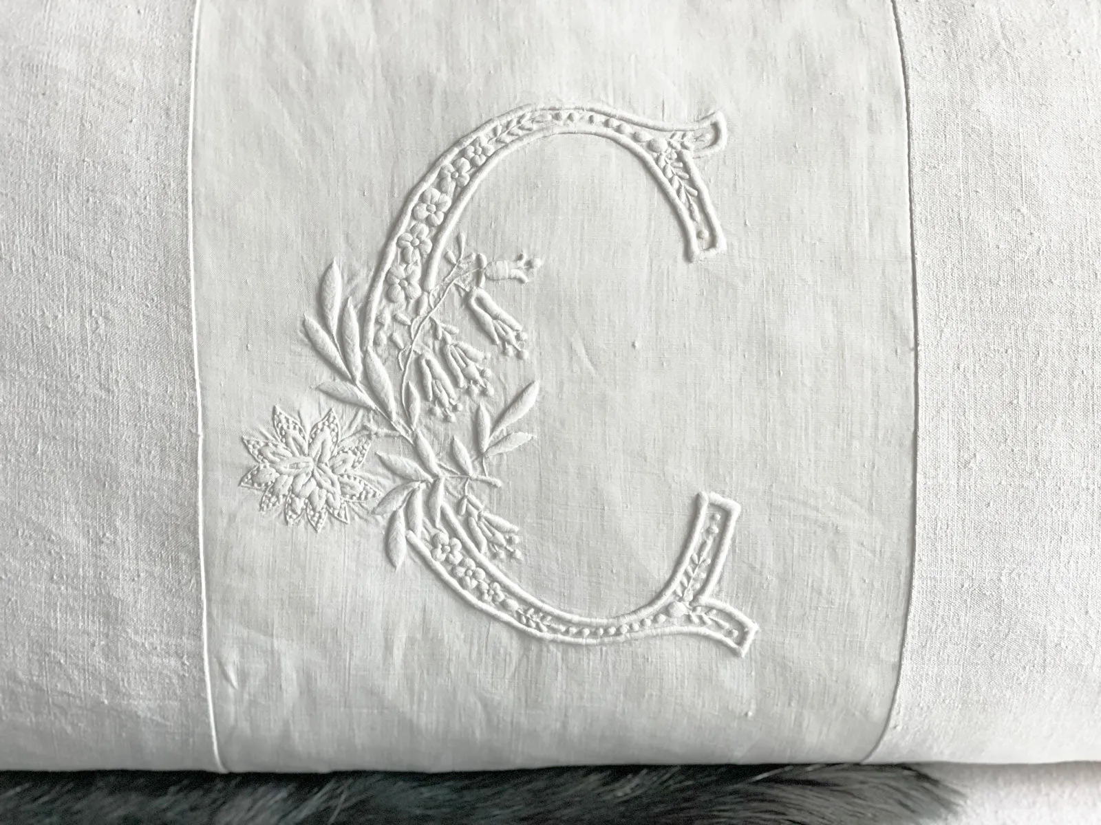 'C' Large Bolster Cushion - Antique French C Monogram on Linen BC129