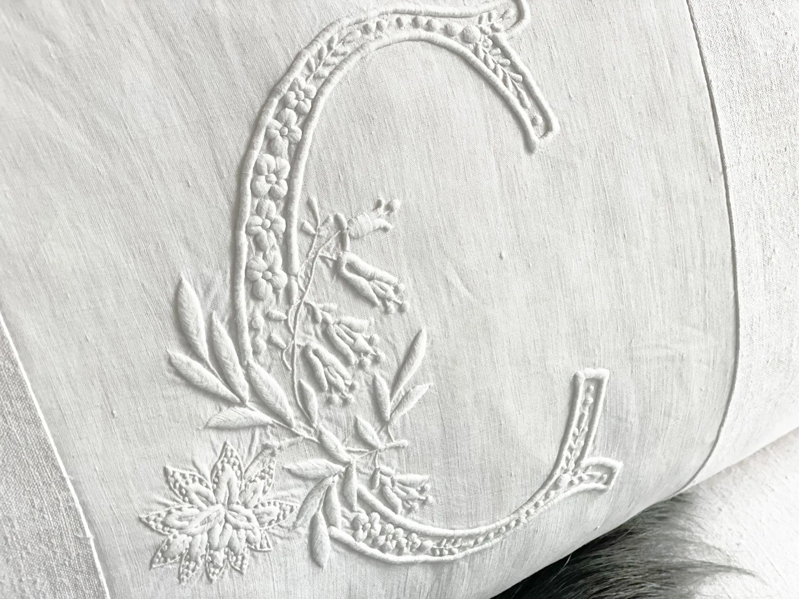 'C' Large Bolster Cushion - Antique French C Monogram on Linen BC129