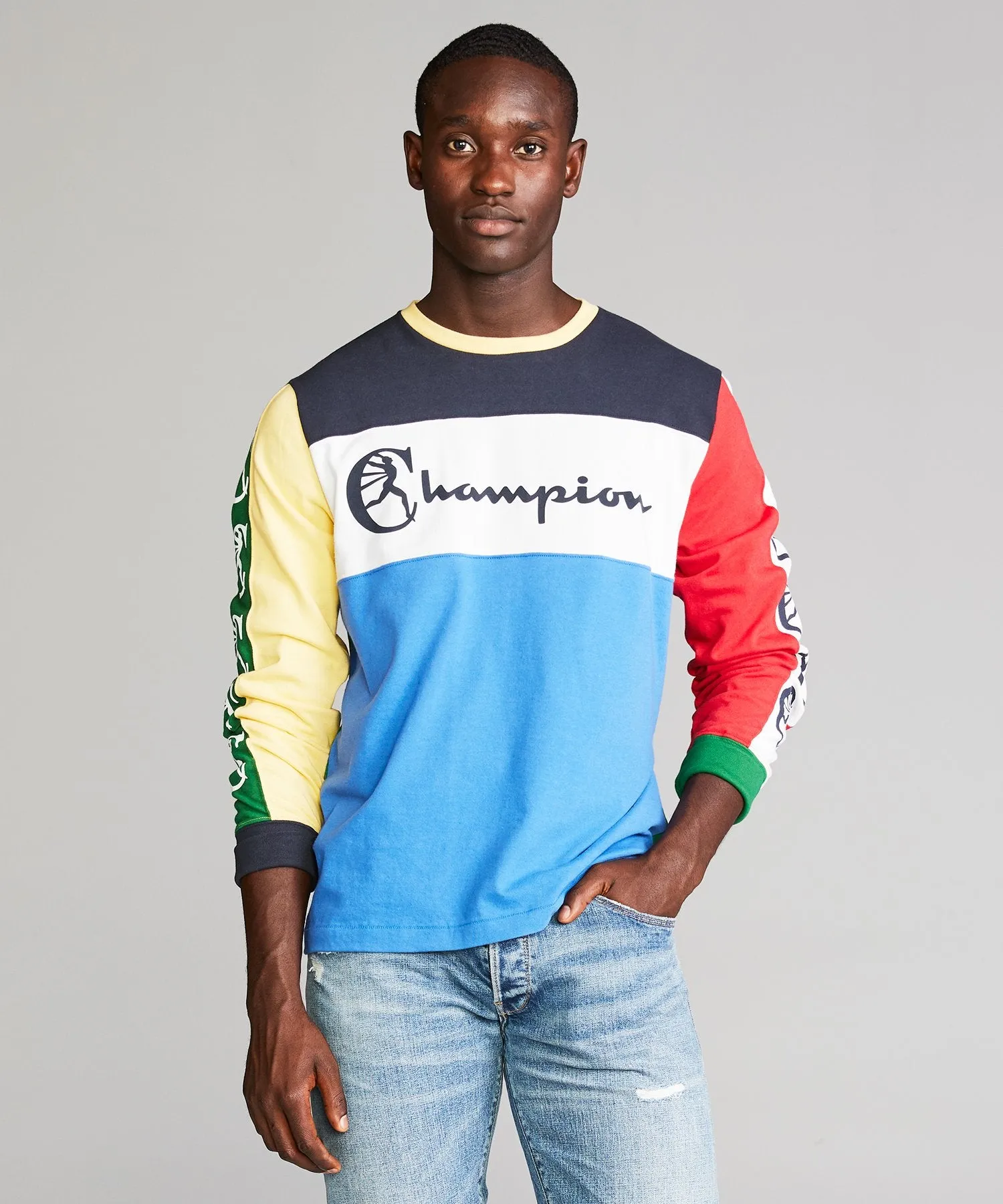 Color Block Graphic Long Sleeve Tee in Light Blue