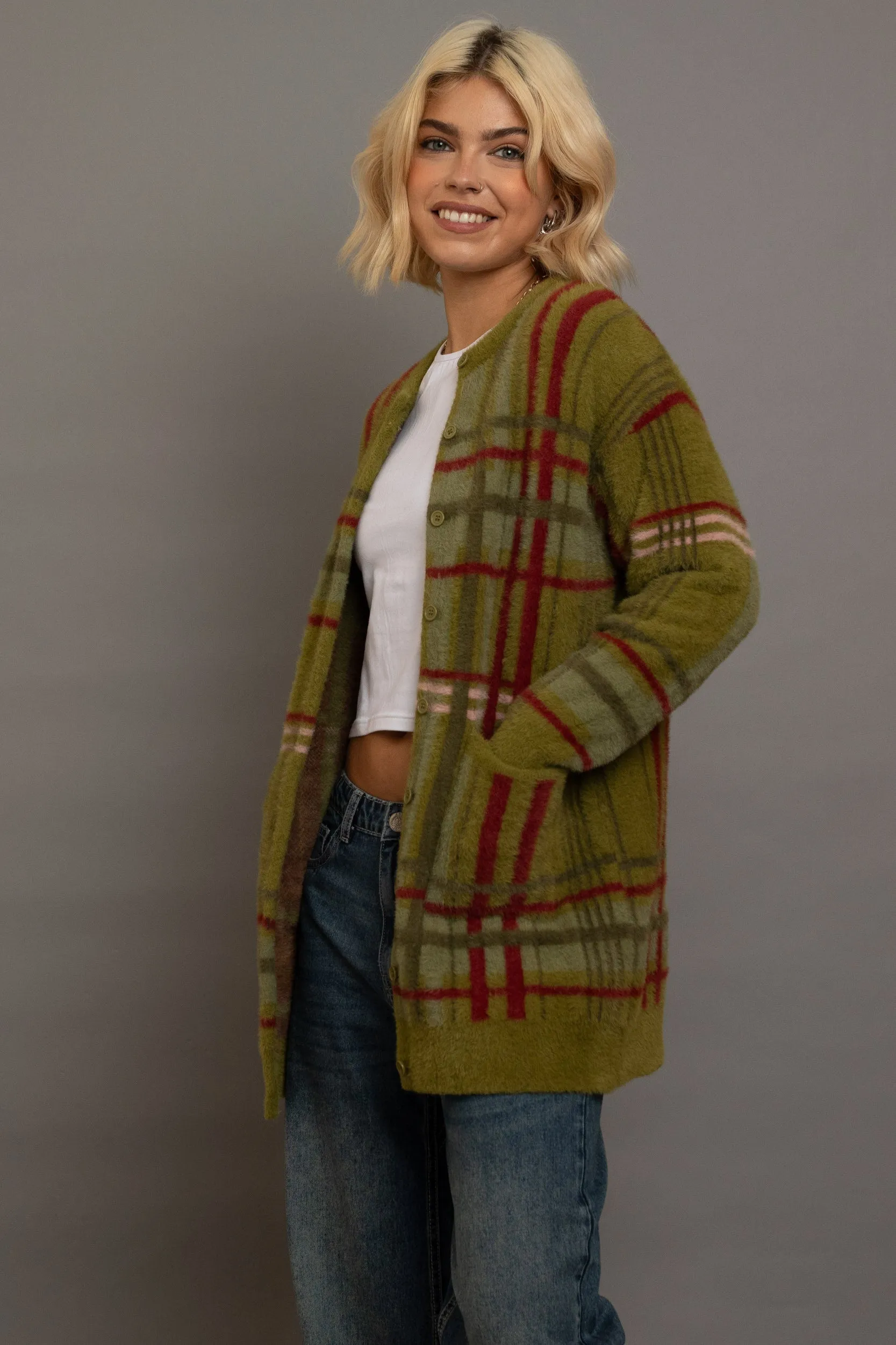 Daisy Street - Fluffy Green & Red Check Knitted Cardigan
