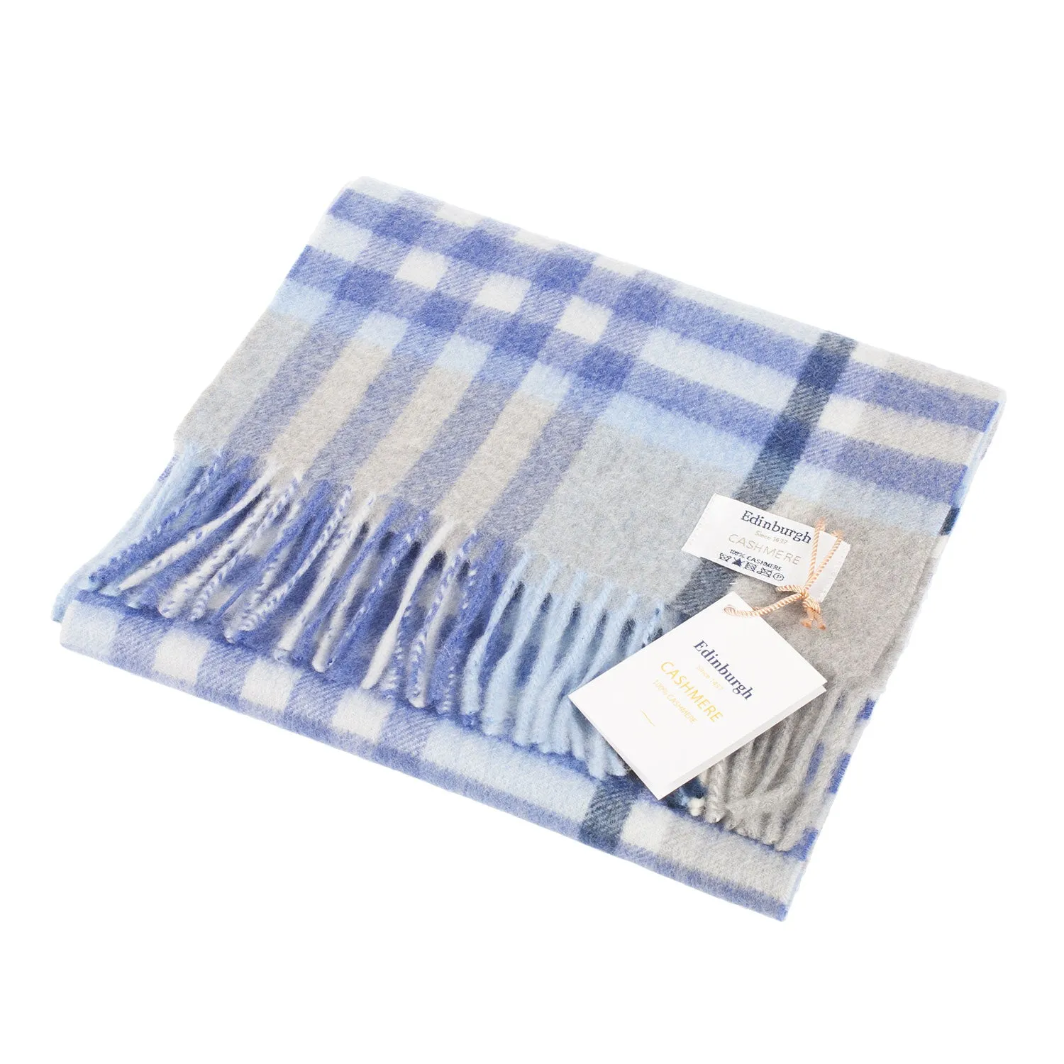 Edinburgh Cashmere Scarf  Chequer Tartan - Glacier/Light Grey