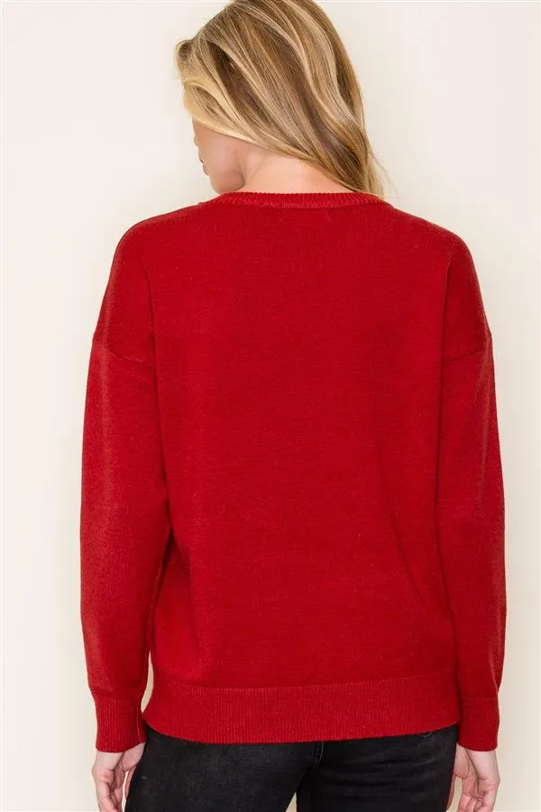 Elegant Pearl-Embellished Red Knit Sweater