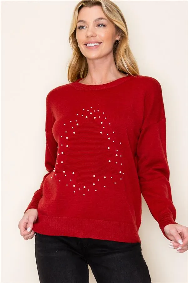 Elegant Pearl-Embellished Red Knit Sweater