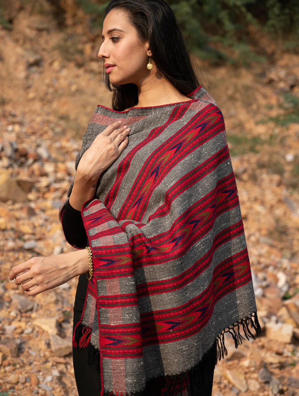 Exclusive, Soft Himachal Wool Stole - 6 Panels, Warm Grey