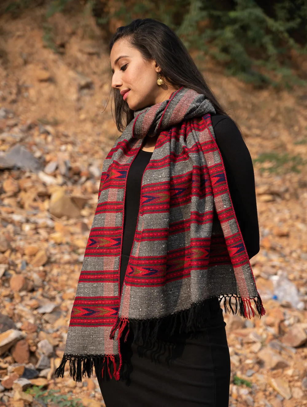 Exclusive, Soft Himachal Wool Stole - 6 Panels, Warm Grey