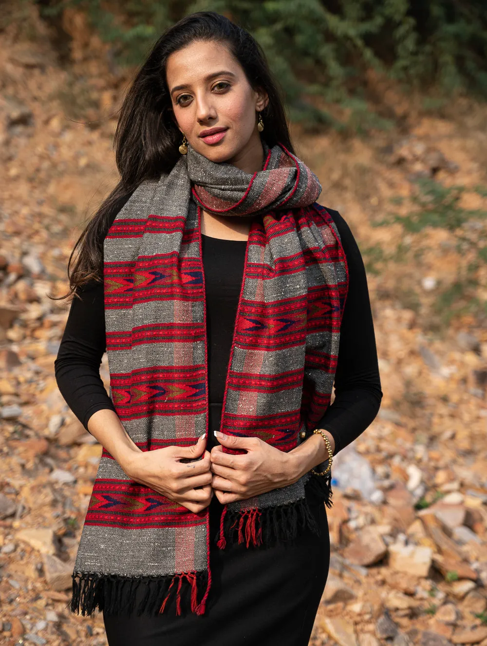Exclusive, Soft Himachal Wool Stole - 6 Panels, Warm Grey