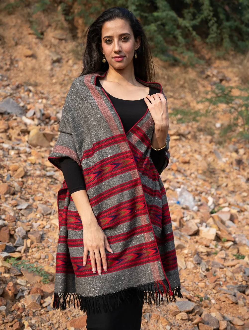 Exclusive, Soft Himachal Wool Stole - 6 Panels, Warm Grey