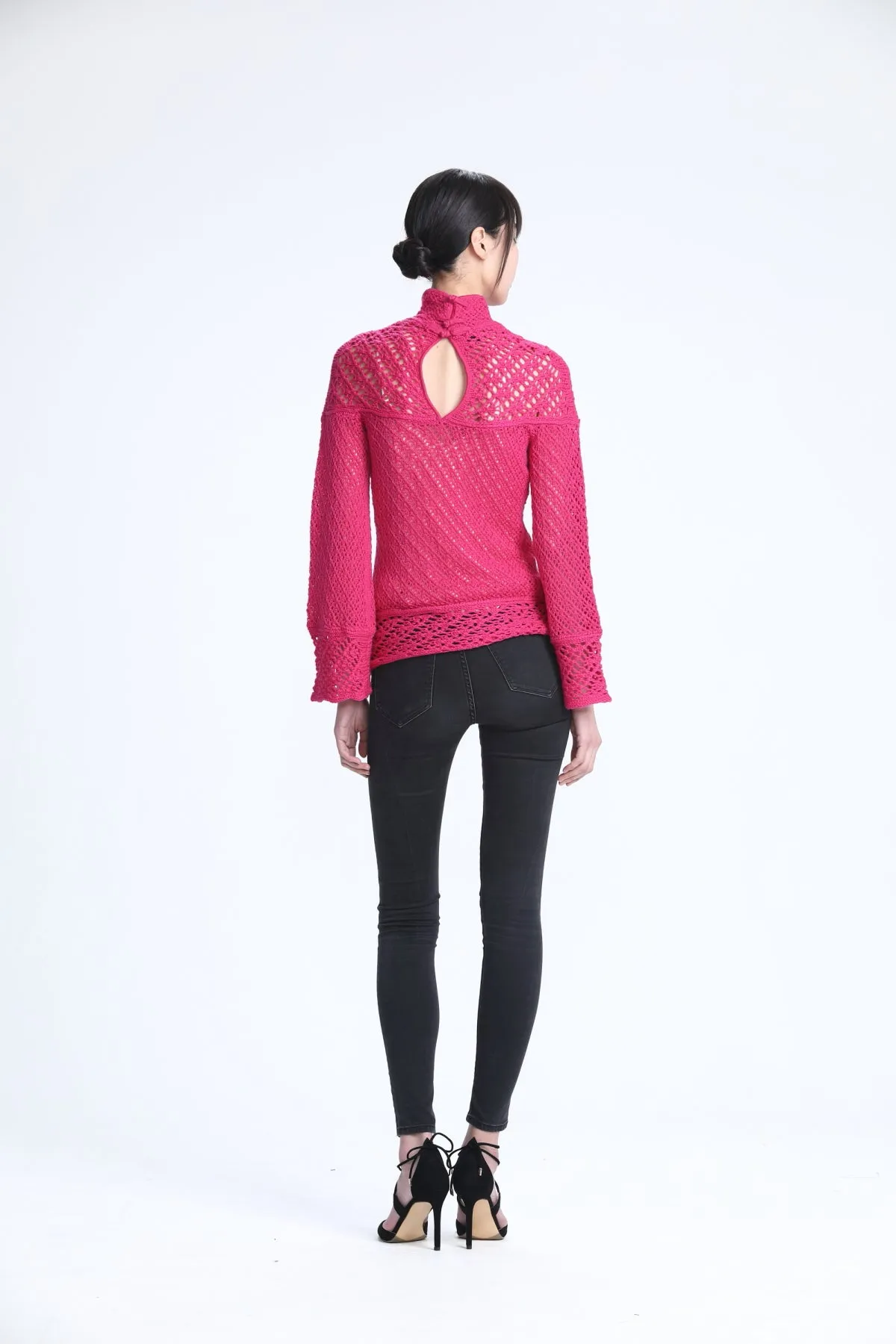 Fuchsia Long Sleeve Pointelle Stitches Sweater