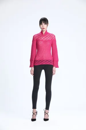 Fuchsia Long Sleeve Pointelle Stitches Sweater