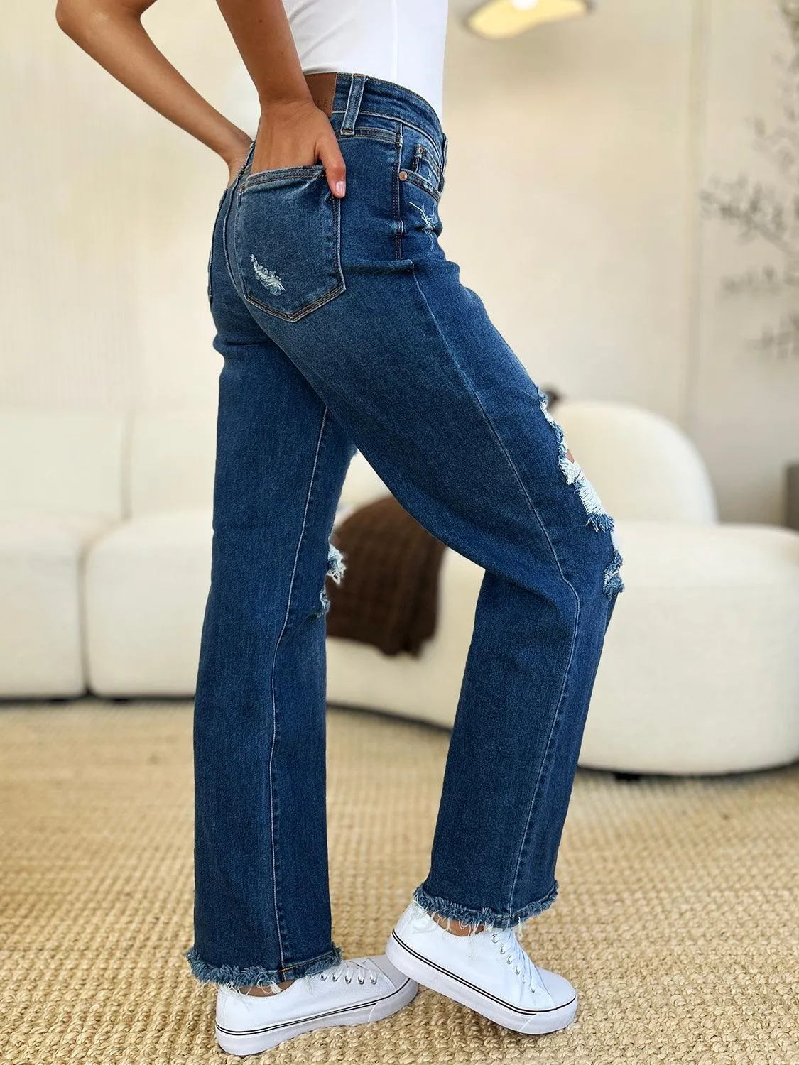 Full Size Mid Rise Distressed Raw Hem Jeans