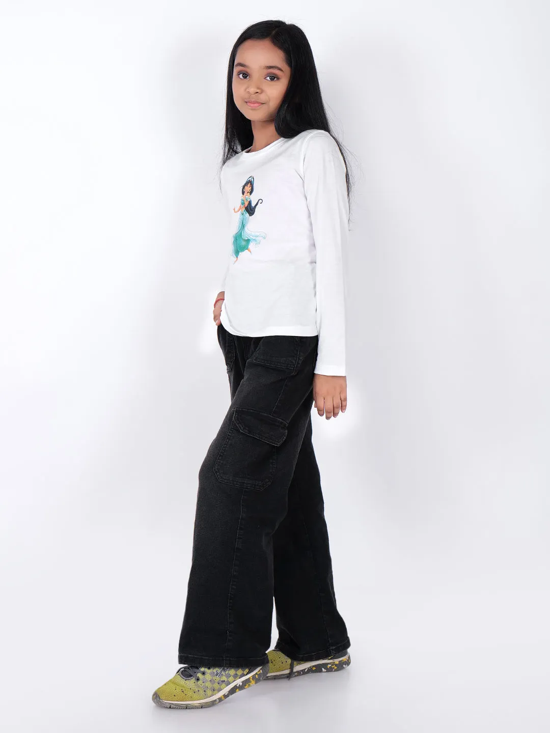 Girls Jasmine Printed Round Neck Cotton Jasmine T-shirt