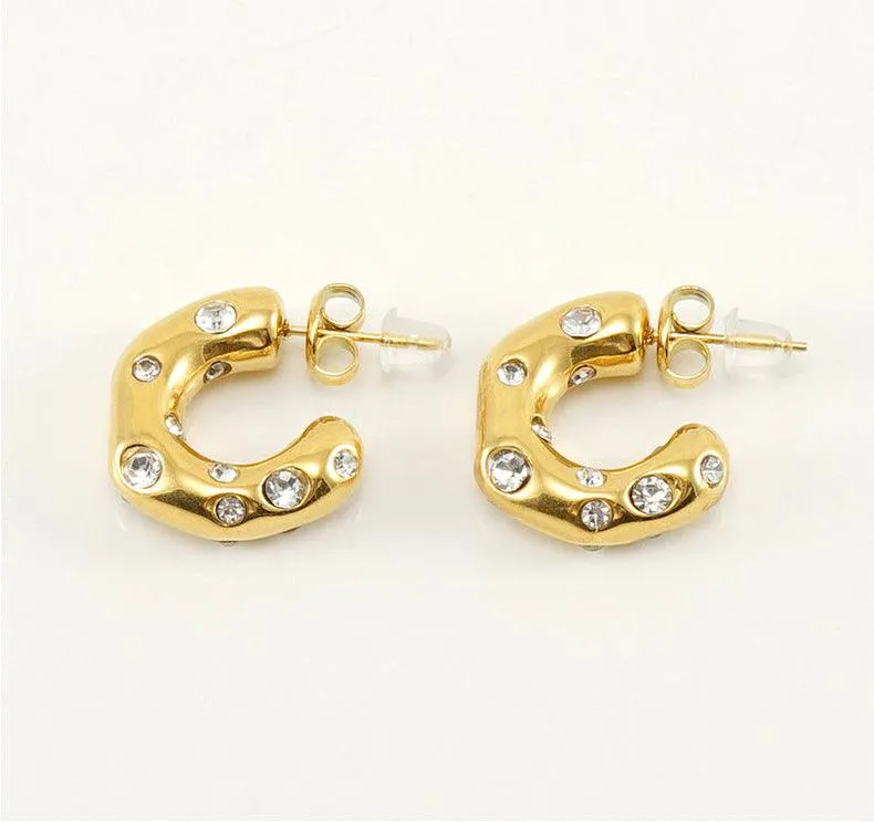 Gold-Plated Stainless Steel Hoop Earrings with Cubic Zirconia Gemstones