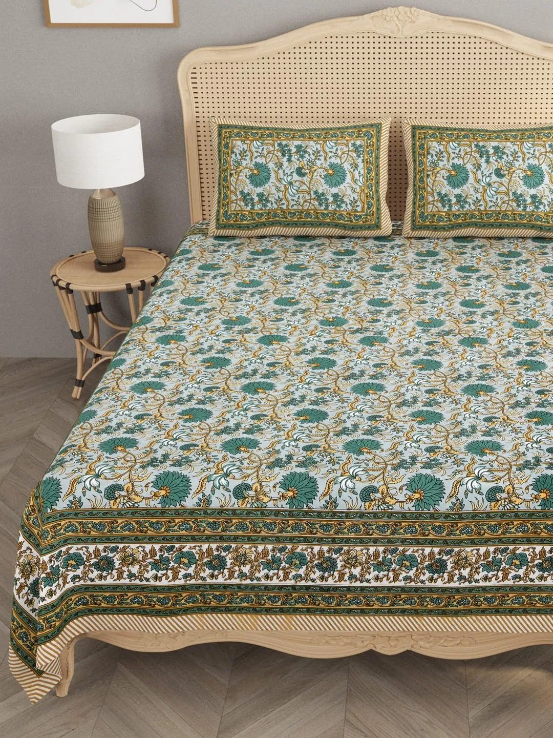 House of Gulab Cotton Bedsheet, Printed Bedsheet for Double Bed with 2 Pillow Covers, Eco-Friendly Bedsheet for Bedroom, Guestroom & Living Room, Size - 104 * 84 Inch (Green & Turquoise)