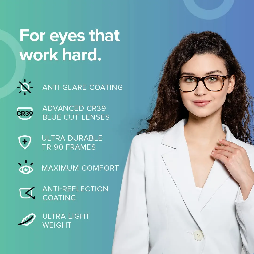 Intellilens | Zero Power Blue Cut Computer Glasses | Anti Glare, Lightweight & Blocks Harmful Rays | UV Protection Specs | For Men & Women | Matte Black | Square| Medium