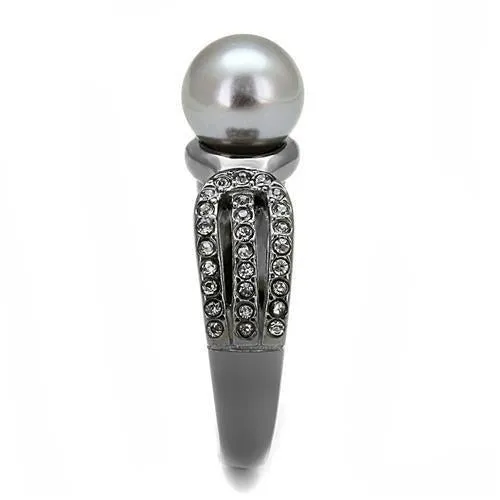 IP Light Black (IP Gun) Stainless Steel Ring with Synthetic Pearl in Gray for Women Style TK3170
