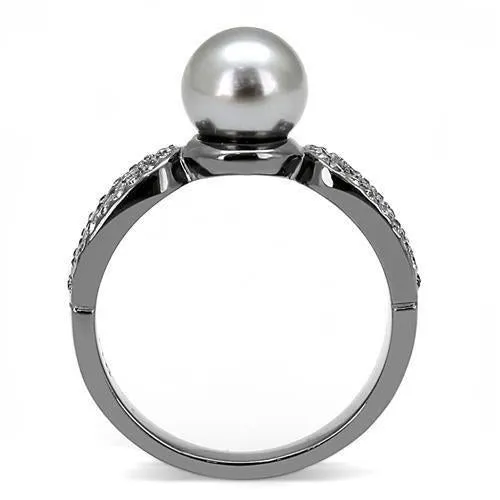 IP Light Black (IP Gun) Stainless Steel Ring with Synthetic Pearl in Gray for Women Style TK3170