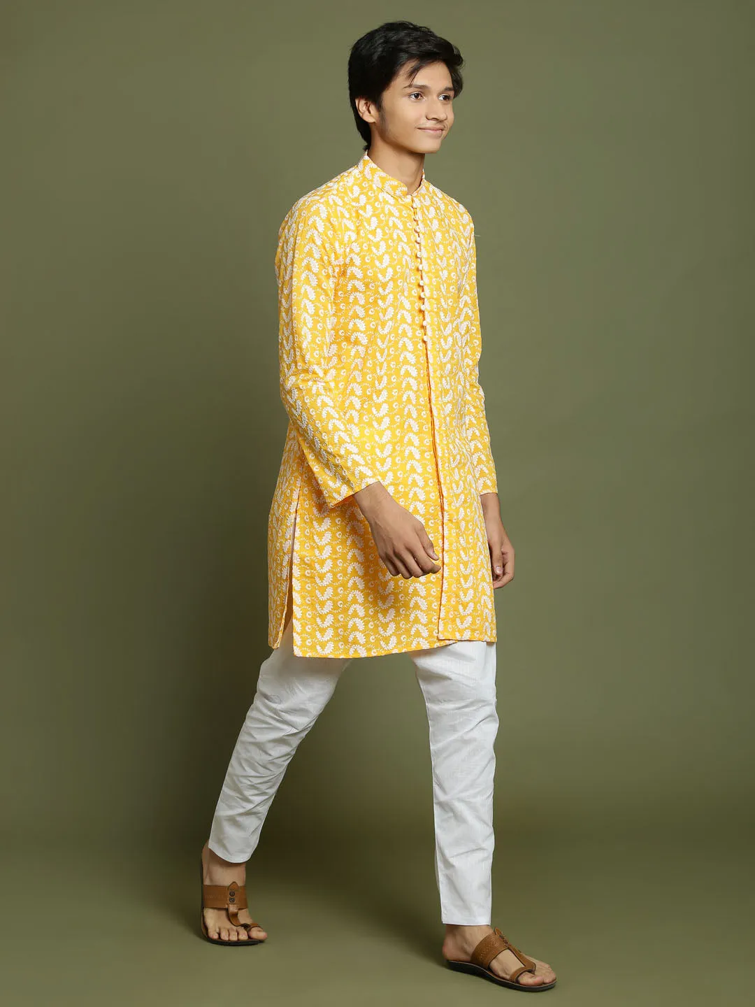 Jashvi Boys' Orange Chaikankari Kurta With White Pyjama Set