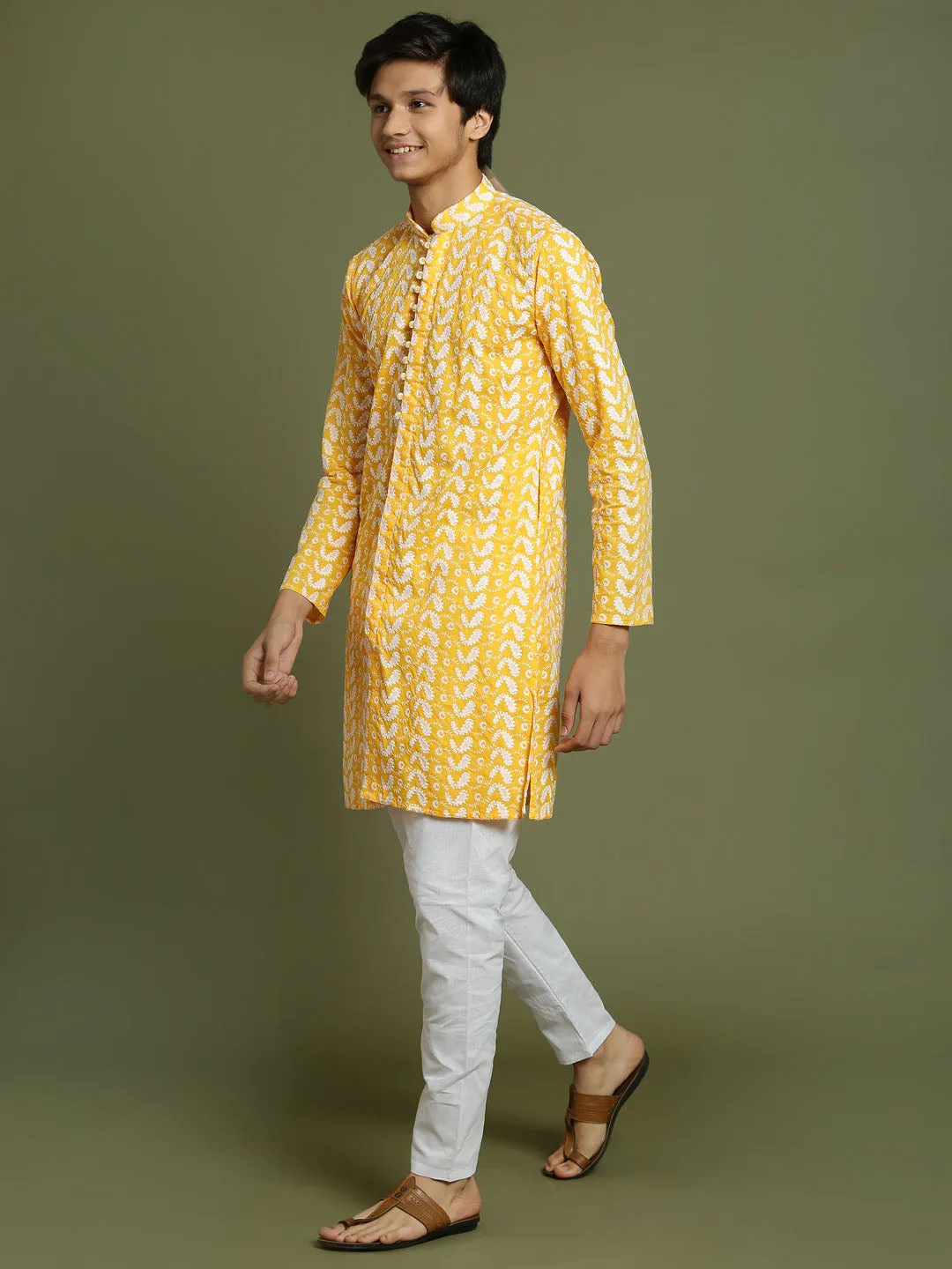 Jashvi Boys' Orange Chaikankari Kurta With White Pyjama Set