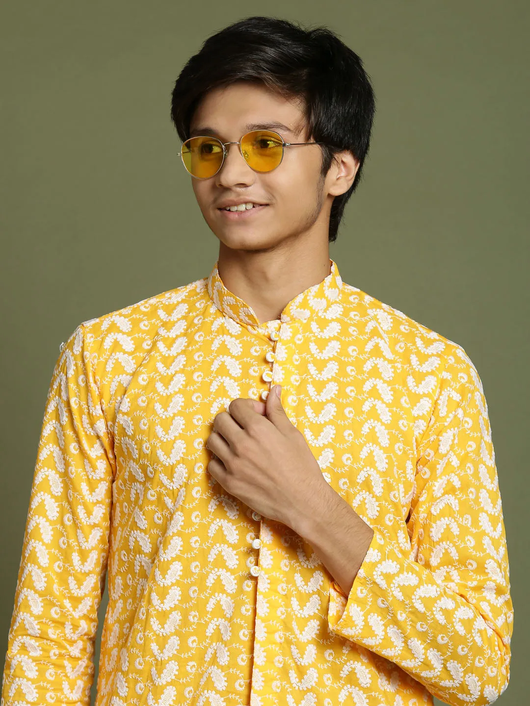 Jashvi Boys' Orange Chaikankari Kurta With White Pyjama Set