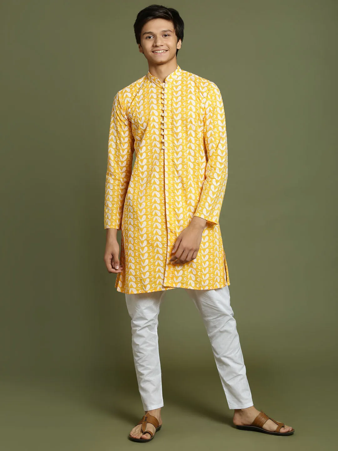 Jashvi Boys' Orange Chaikankari Kurta With White Pyjama Set