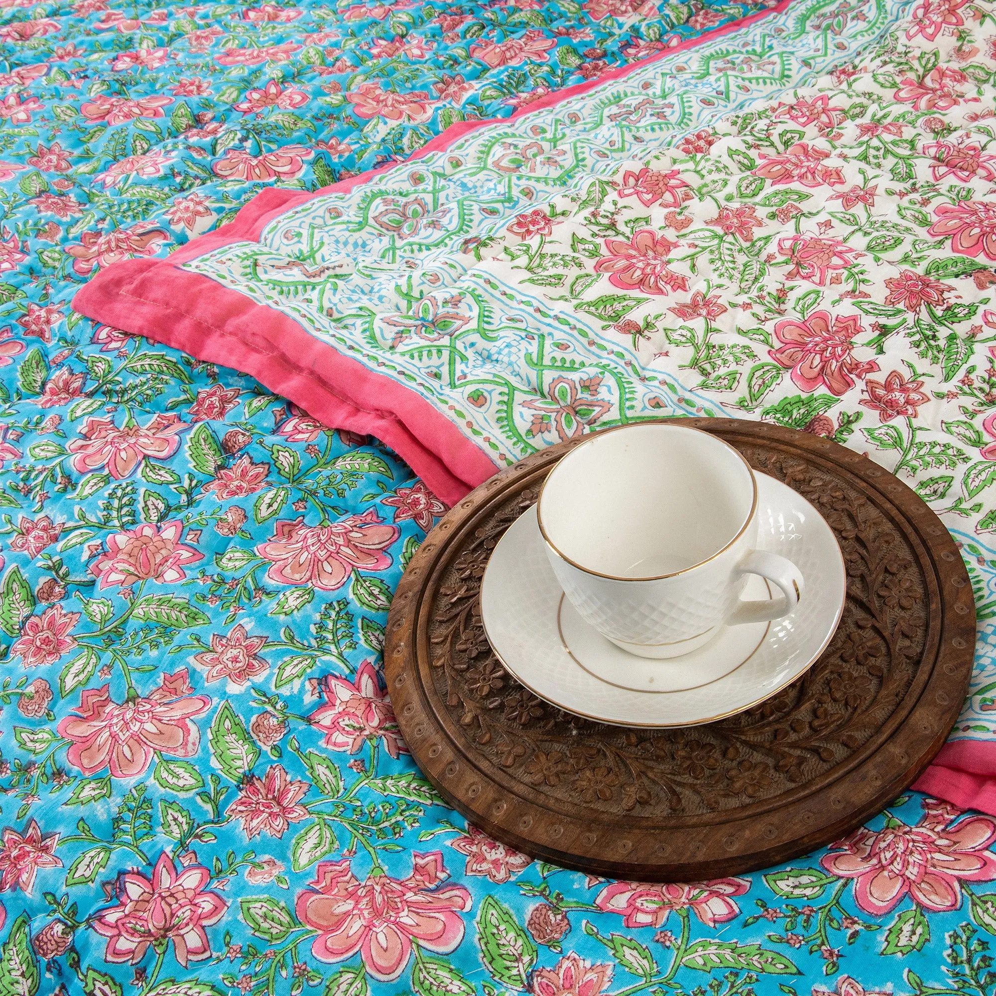 Luxury Block Floral Print Sky Blue Soft Mulmul Cotton Jaipuri Razai Single Bed