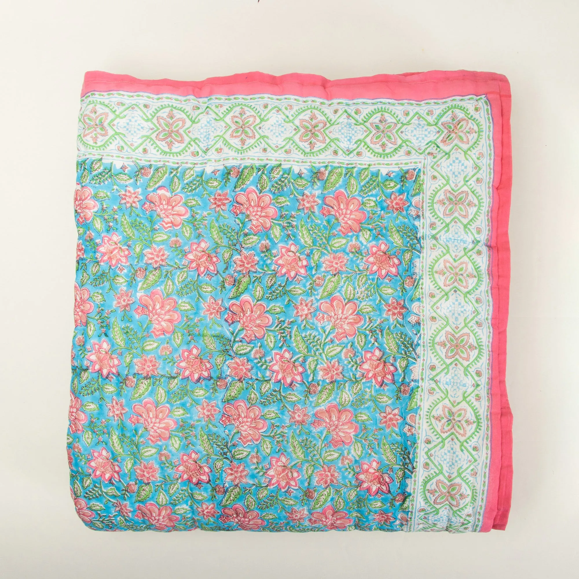Luxury Block Floral Print Sky Blue Soft Mulmul Cotton Jaipuri Razai Single Bed