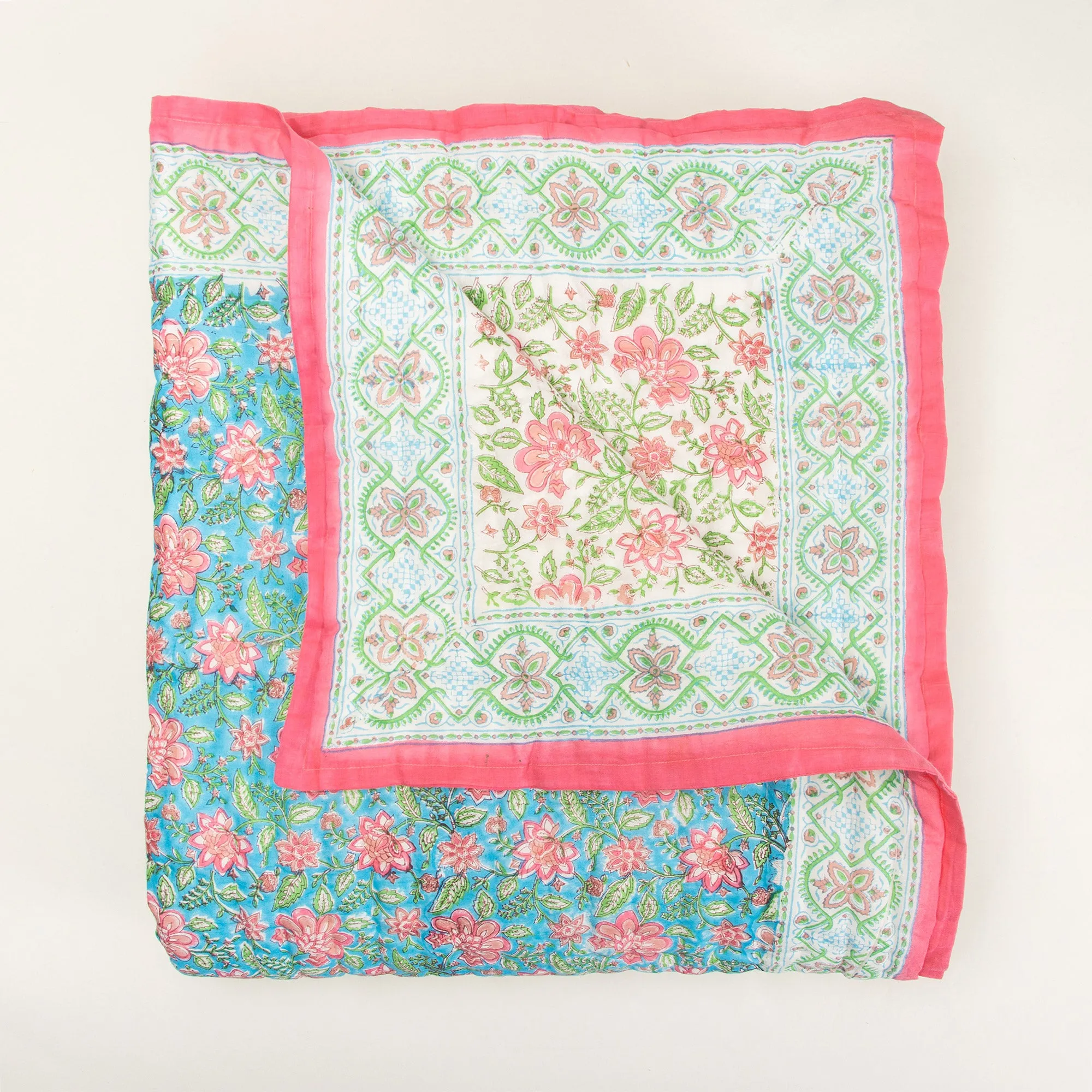 Luxury Block Floral Print Sky Blue Soft Mulmul Cotton Jaipuri Razai Single Bed