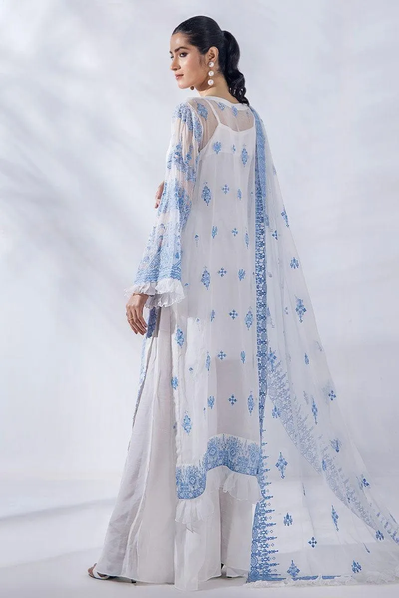 Malook - Julia - Blue & White - Chiffon Embroidered - 3 Piece - Unstitched
