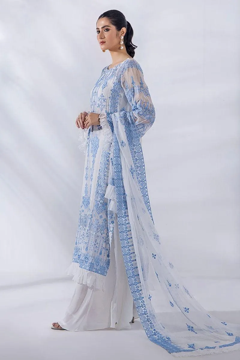 Malook - Julia - Blue & White - Chiffon Embroidered - 3 Piece - Unstitched