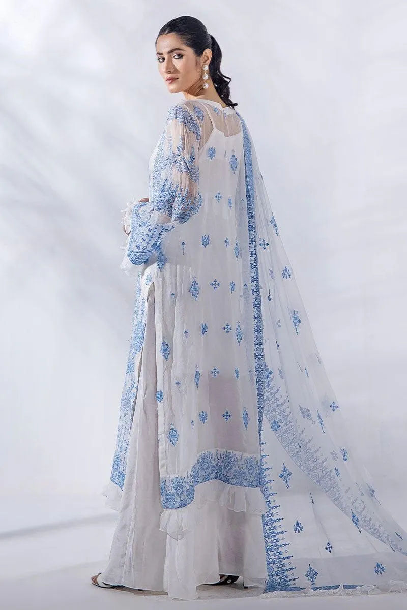Malook - Julia - Blue & White - Chiffon Embroidered - 3 Piece - Unstitched
