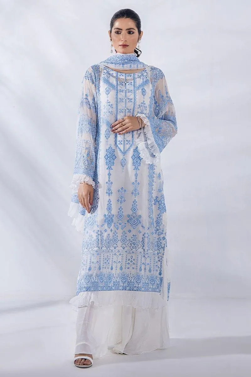 Malook - Julia - Blue & White - Chiffon Embroidered - 3 Piece - Unstitched