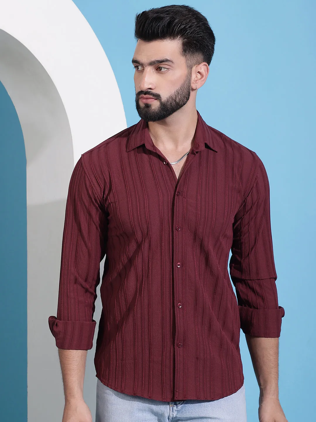 Maroon Striped Casual Shirt For Mens.